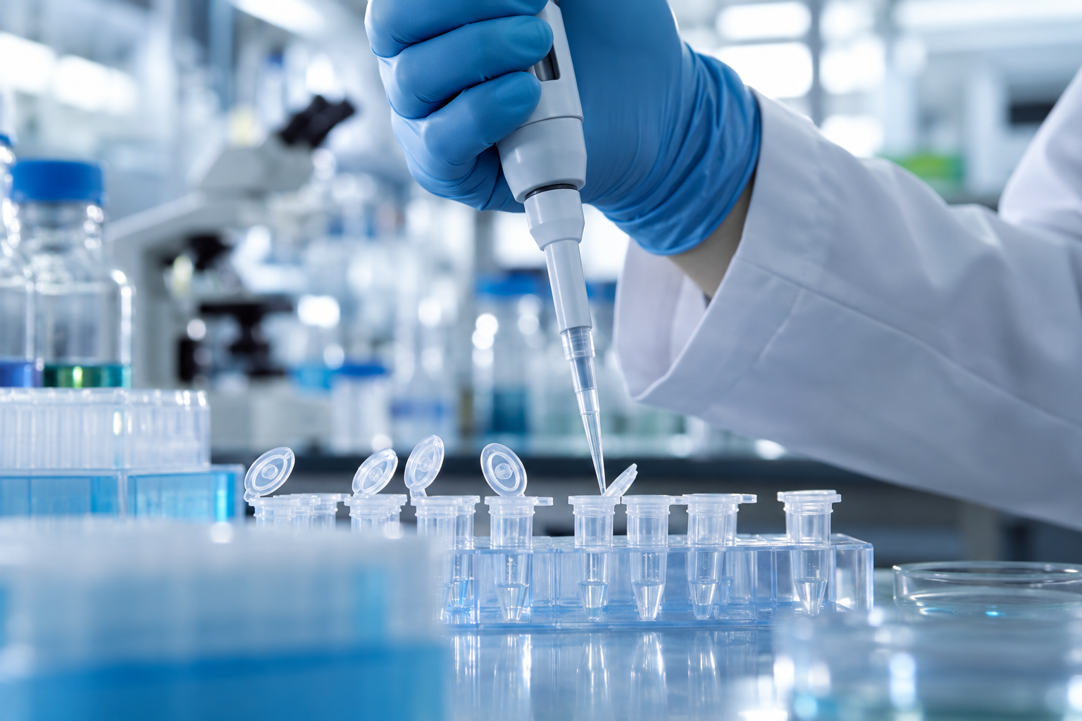 A gloved researcher pipetting liquid into microtubes